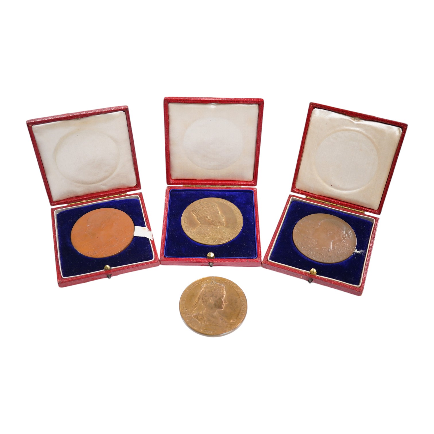 British Royal commemorative medals, Victoria Diamond Jubilee 1897, two cased bronze medals and Edward VII and Alexandra Coronation 1902, two bronze medals, one cased (4)